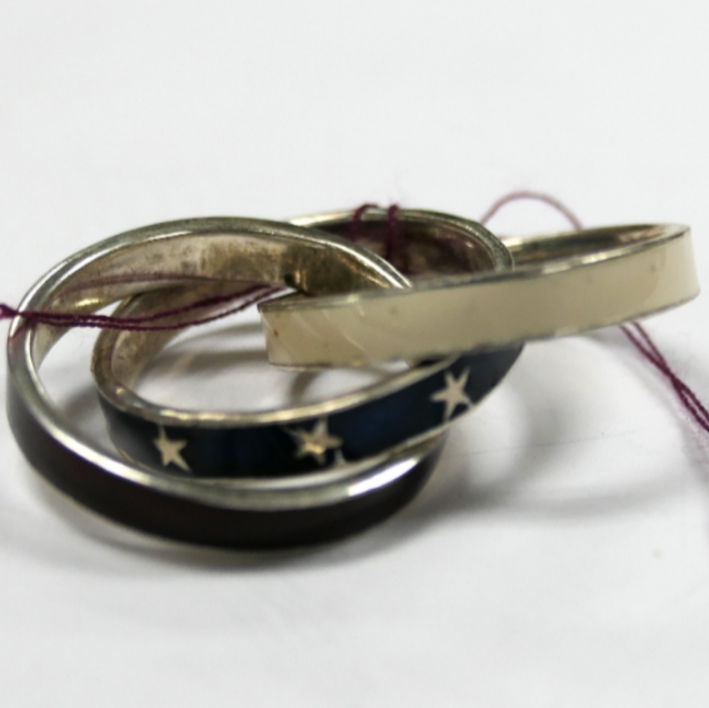 Sterling Silver Enamel Patriotic Red, White, Blue 3 Intertwined Band size 7.5